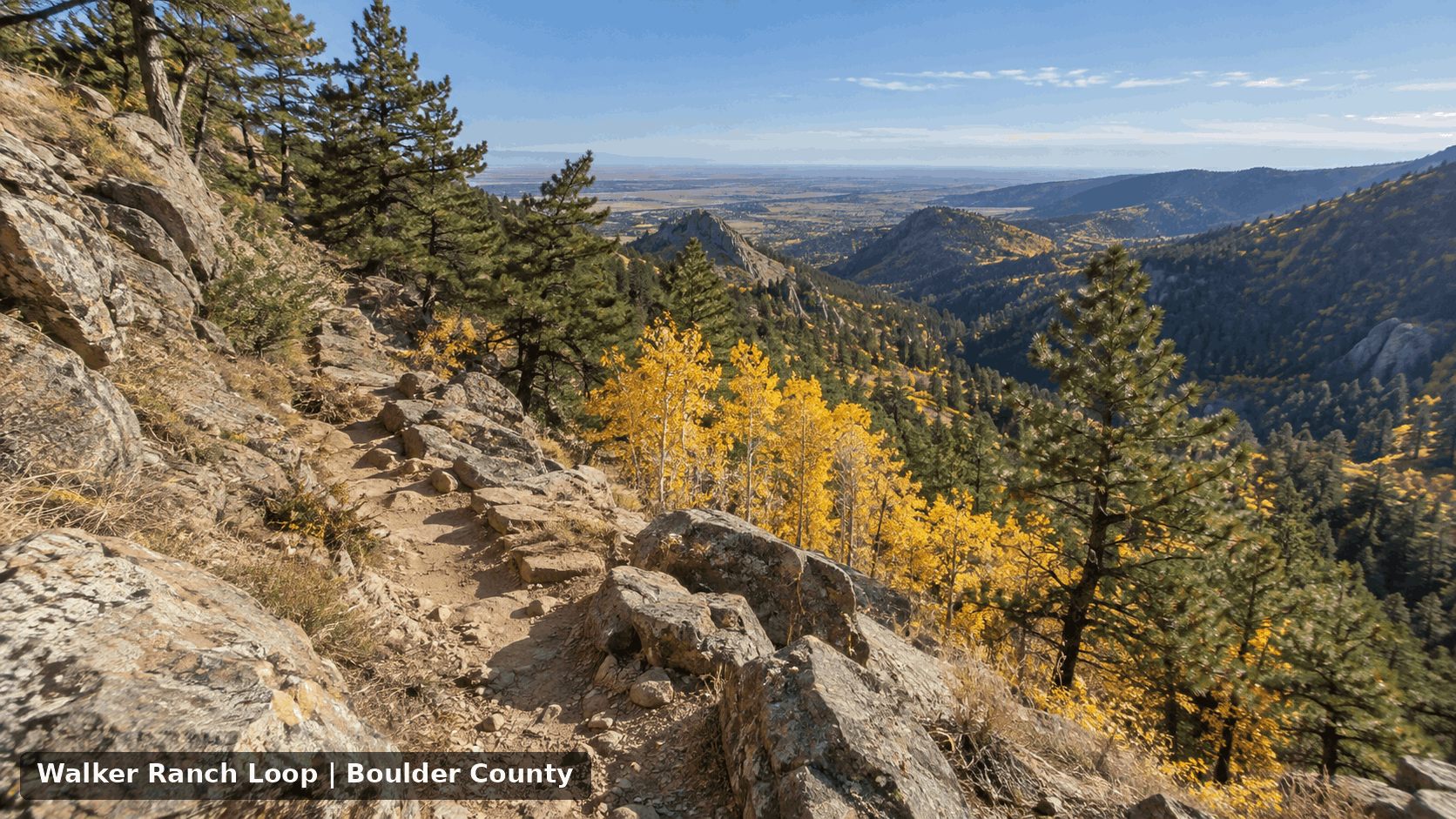 Walker Ranch Loop in Boulder County showing rocky mountain trail terrain, pine forest, golden fall foliage, steep slopes, and expansive foothill views.
