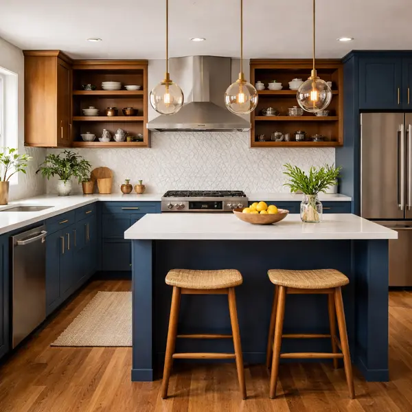 Moderm Kitchen with Navy and Wood Accents
