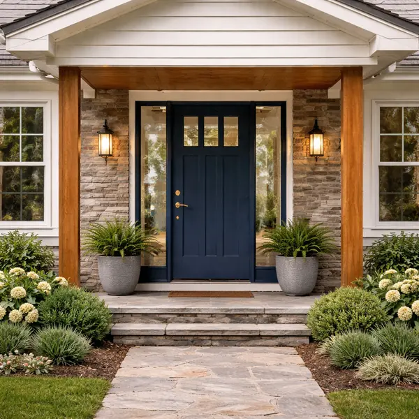 Navy blue front door in suburbia Norrtheast Ohio