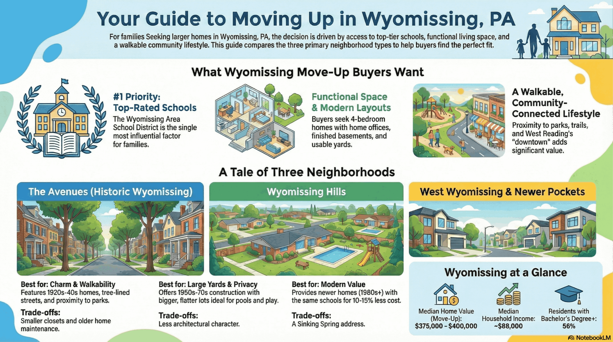 Infographic showing key priorities for Wyomissing move-up buyers, including schools, space, and neighborhood walkability.