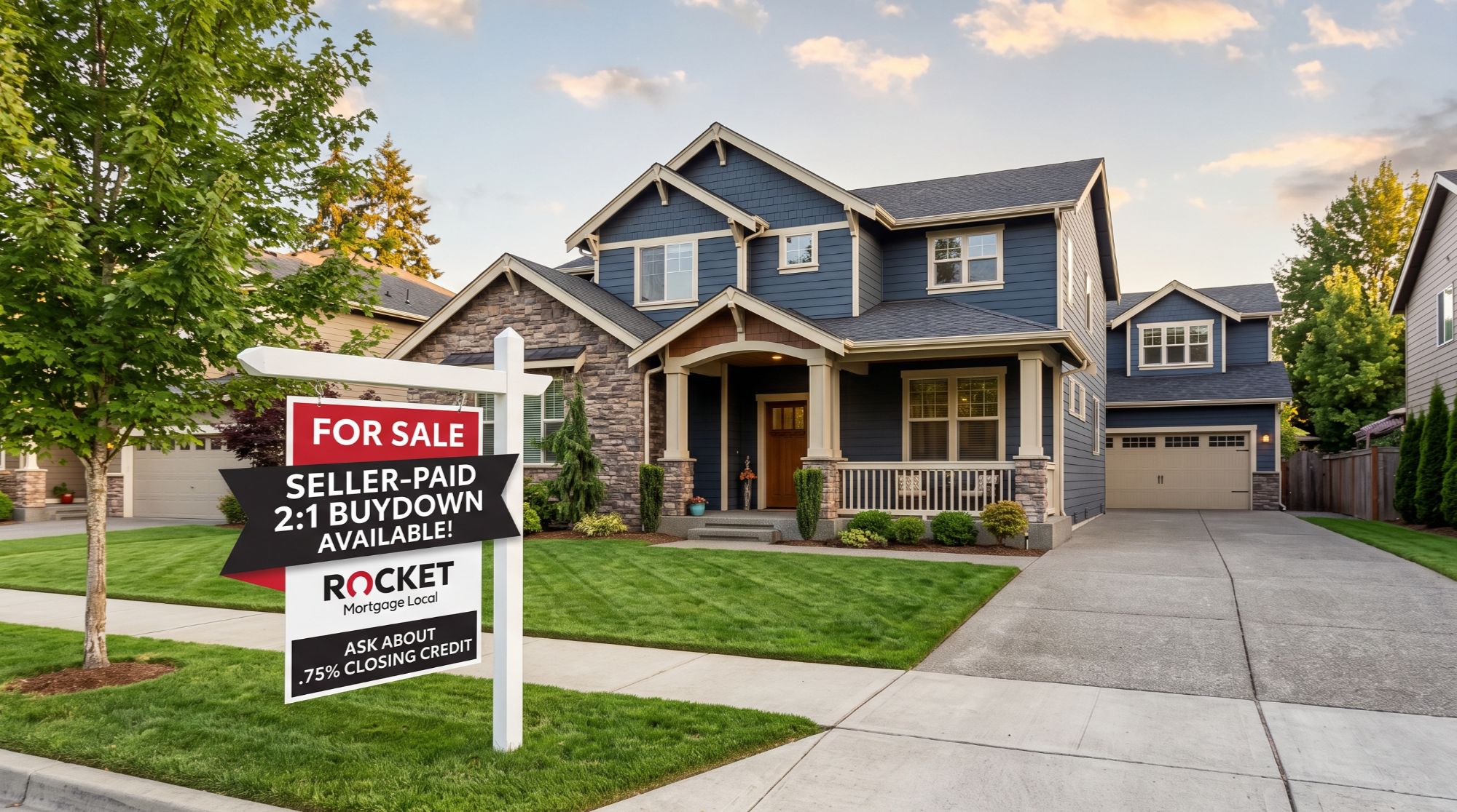 High-definition landscape photo of a modern suburban home representing a residential property purchase with a 2:1 mortgage buydown strategy.