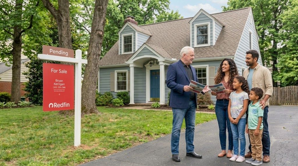 Real Estate Agent Bryan Kerrigan talking with clients at the new Cape Cod style home they just purchased.