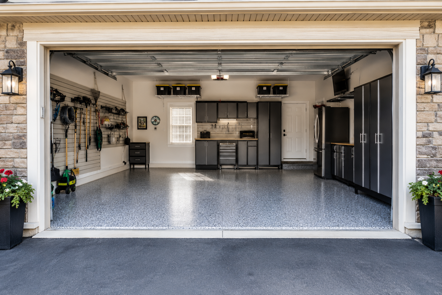 An open two-car garage featuring a clean, professionally installed grey epoxy garage floor coating with decorative flakes, illustrating the best garage flooring ROI for Maryland home sellers.
