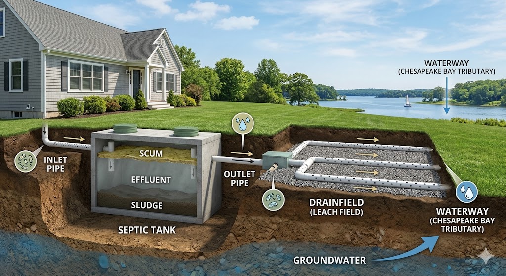Illustration of a residential septic system with septic tank, outlet pipe, drainfield, and groundwater flow near a Chesapeake Bay tributary in Maryland.