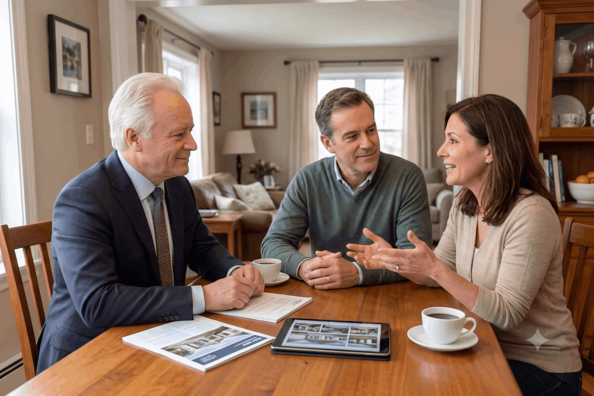 A photograph featuring the real estate specialist, as seen in image_1.png, sitting at a wooden dining room table in a cozy home, engaged in conversation with a husband and wife, potential clients. They are reviewing real estate documents, smiling and listening attentively, with a tablet displaying property photos between them, illustrating the process of building trust in real estate.