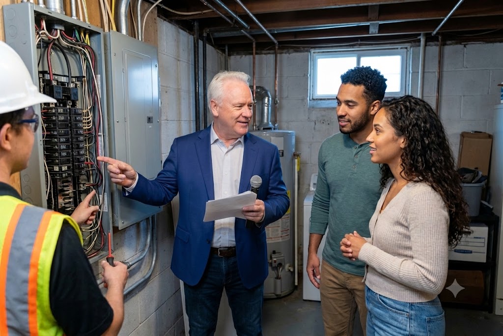 A professional real estate agent in a royal blue blazer and dark jeans stands with a young home-buying couple in a basement, pointing toward an open electrical panel as a licensed home inspector reviews the system.