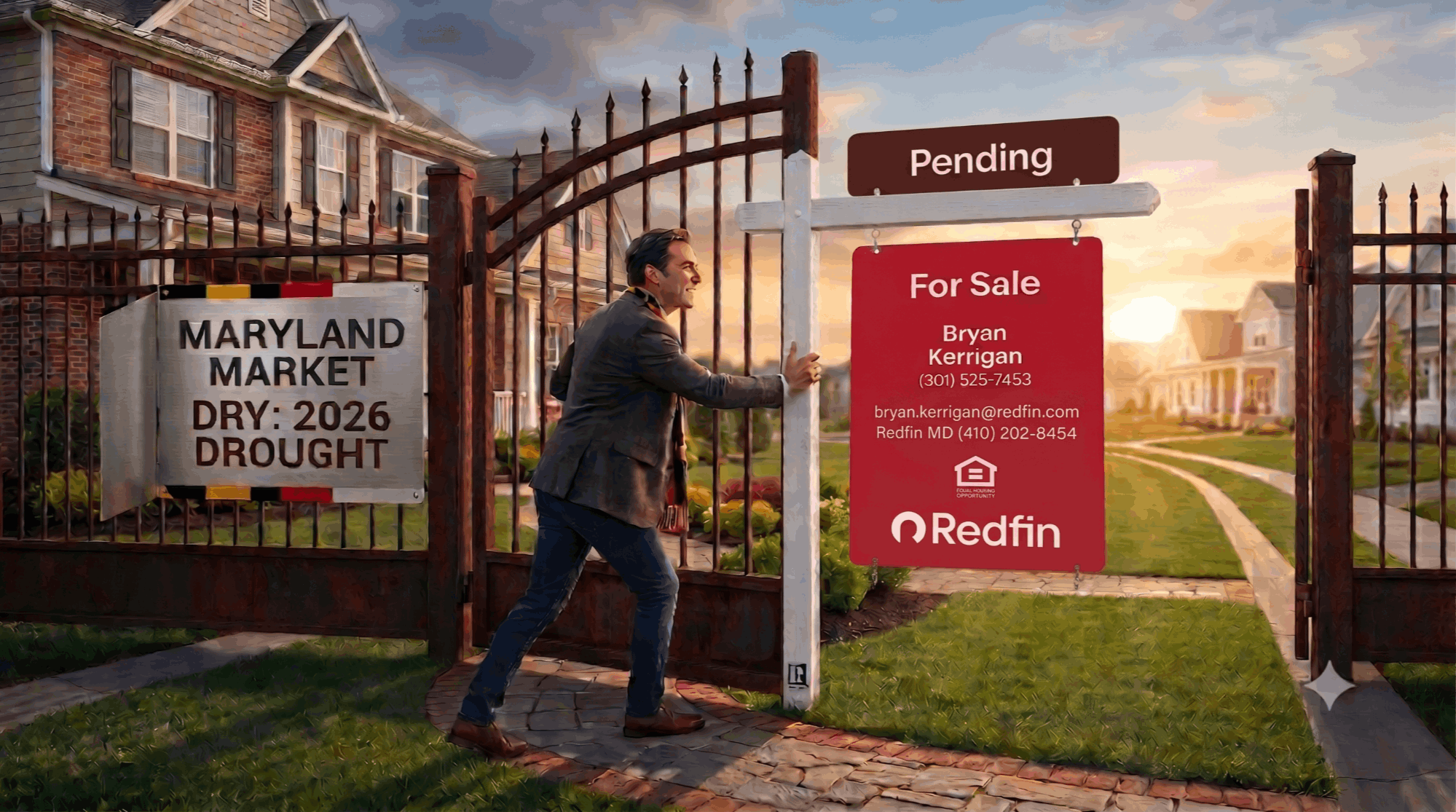 Real estate agent Bryan Kerrigan pushing open gates next to a Redfin "For Sale" sign in Maryland, highlighting the competitive 2026 housing inventory market drought.