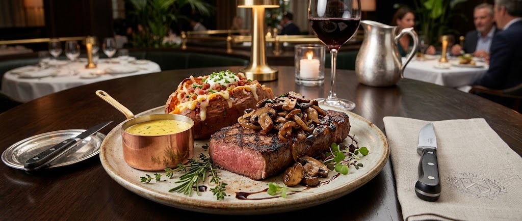 Thick-cut New York strip steak topped with sauteed mushrooms, fresh herbs, a loaded baked sweet potato, and a side of béarnaise sauce served at a upscale fine dining steakhouse.