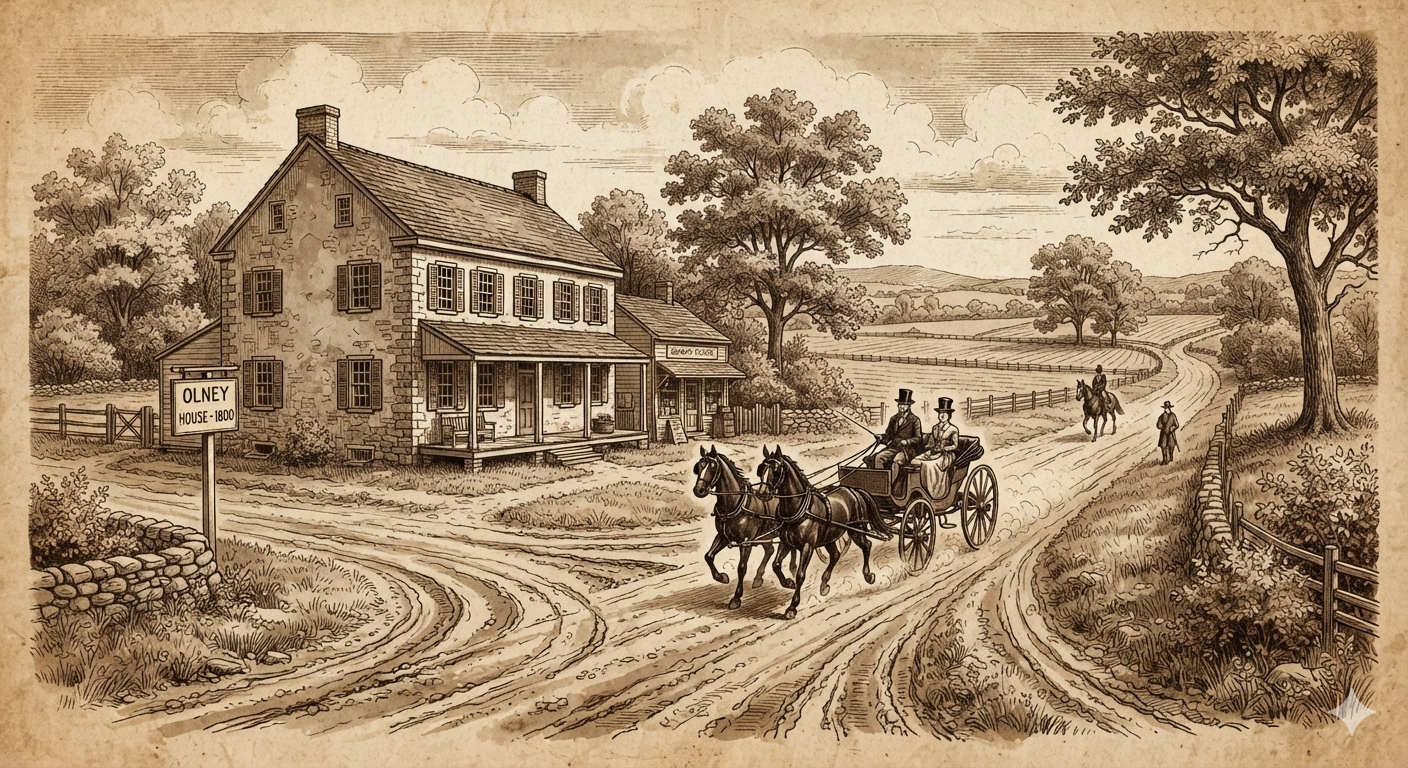 Historic 1800s illustration of the Olney House and rural crossroads in Olney, Maryland 20832.