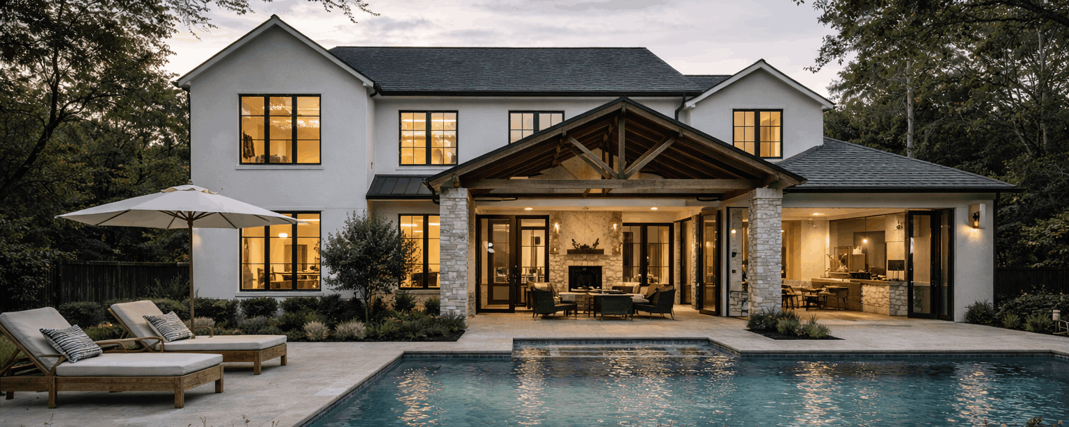 Editorial exterior detail of a Houston home emphasizing structure and proportion