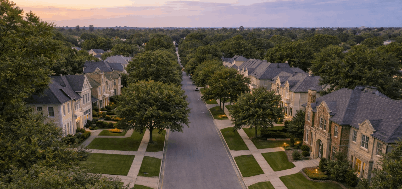Wide-angle Houston residential street view photographed with DSLR realism, capturing scale, spacing, and neighborhood context from a buyer’s perspective