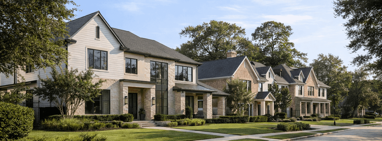 Editorial exterior view of a Houston home photographed with DSLR realism, emphasizing proportion, restraint, and market positioning
