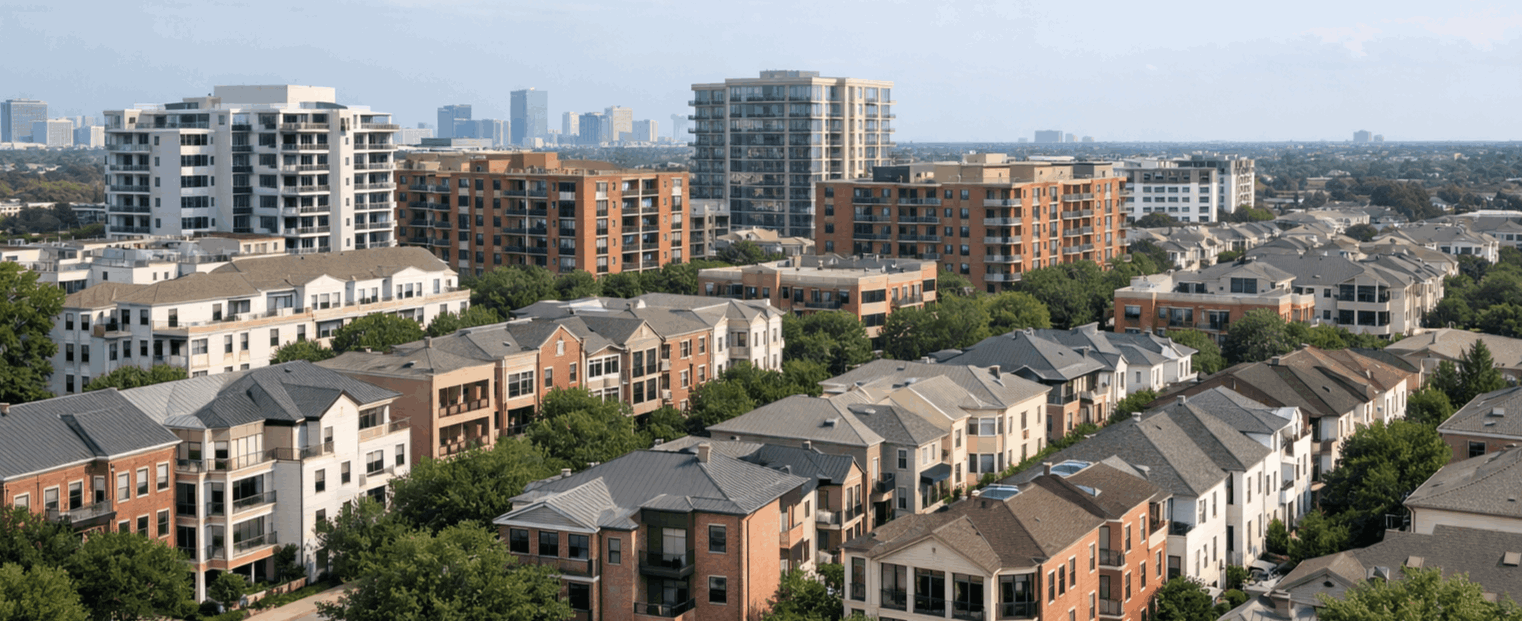 Houston investment real estate photographed from an elevated angle, showing density, scale, and capital positioning with DSLR realism