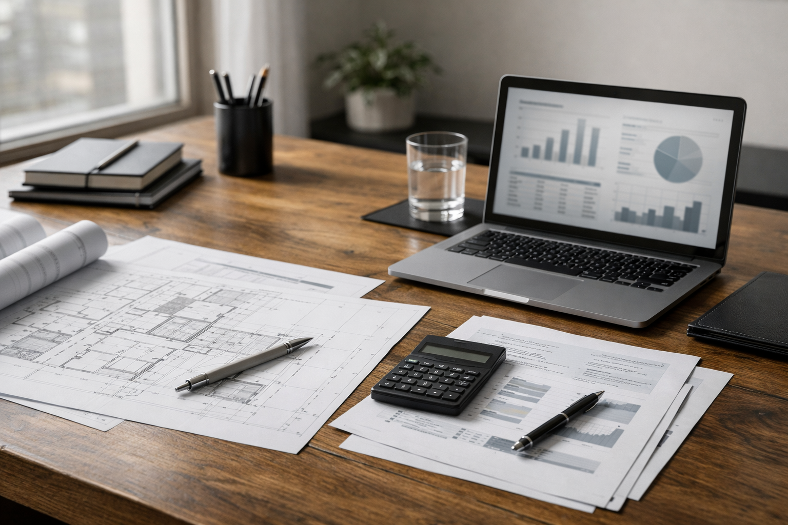 Editorial investor workspace with financial models, architectural plans, and calm decision-making atmosphere