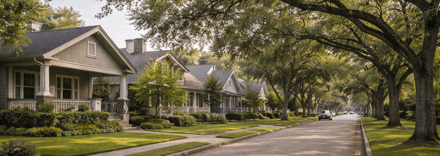 Editorial Houston Heights streetscape photographed with DSLR realism, soft morning light, mature trees, historic architecture details, and a composed neighborhood feel