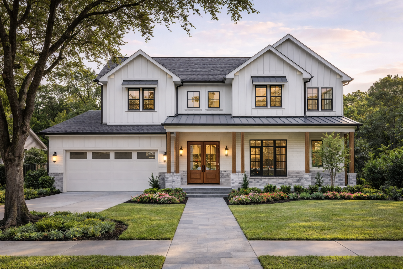 Houston luxury home exterior in natural daylight showing architectural detail and landscaping, DSLR realism