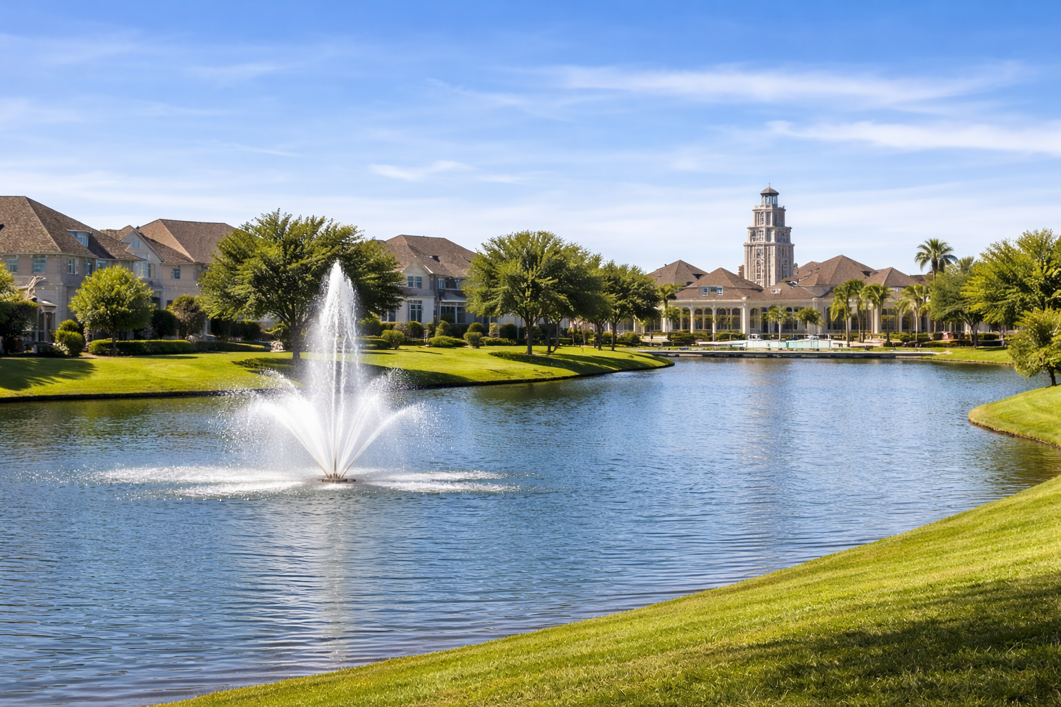 Katy Texas community lake with fountain, walking trails, and suburban homes in the Houston metro area.