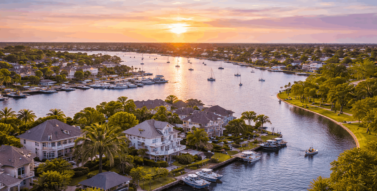 League City Texas waterfront community with marina, lakes, parks, and residential homes along Clear Lake near the Houston metropolitan area.