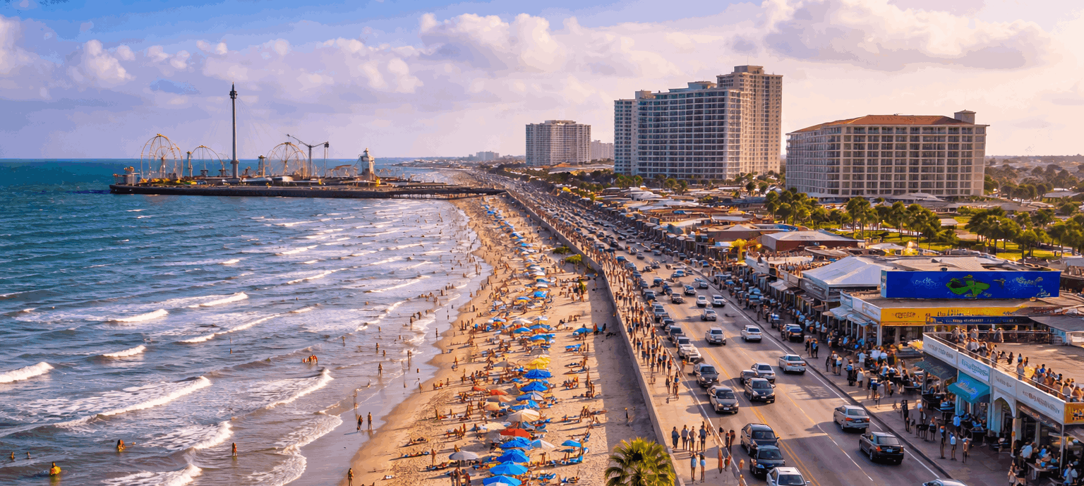 Galveston Texas Seawall and Gulf Coast beachfront with coastal homes, ocean views, and the historic Galveston Seawall Boulevard near Houston.