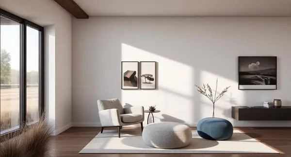 Clean, minimalist living space with natural light, neutral walls, modern accent chairs, soft ottomans, and simple artwork creating a calm, contemporary interior atmosphere