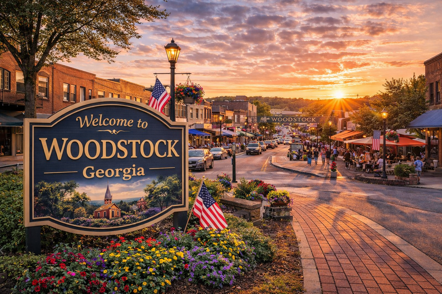 Downtown Woodstock Georgia with walkable main street, local restaurants, and vibrant nightlife district at sunset