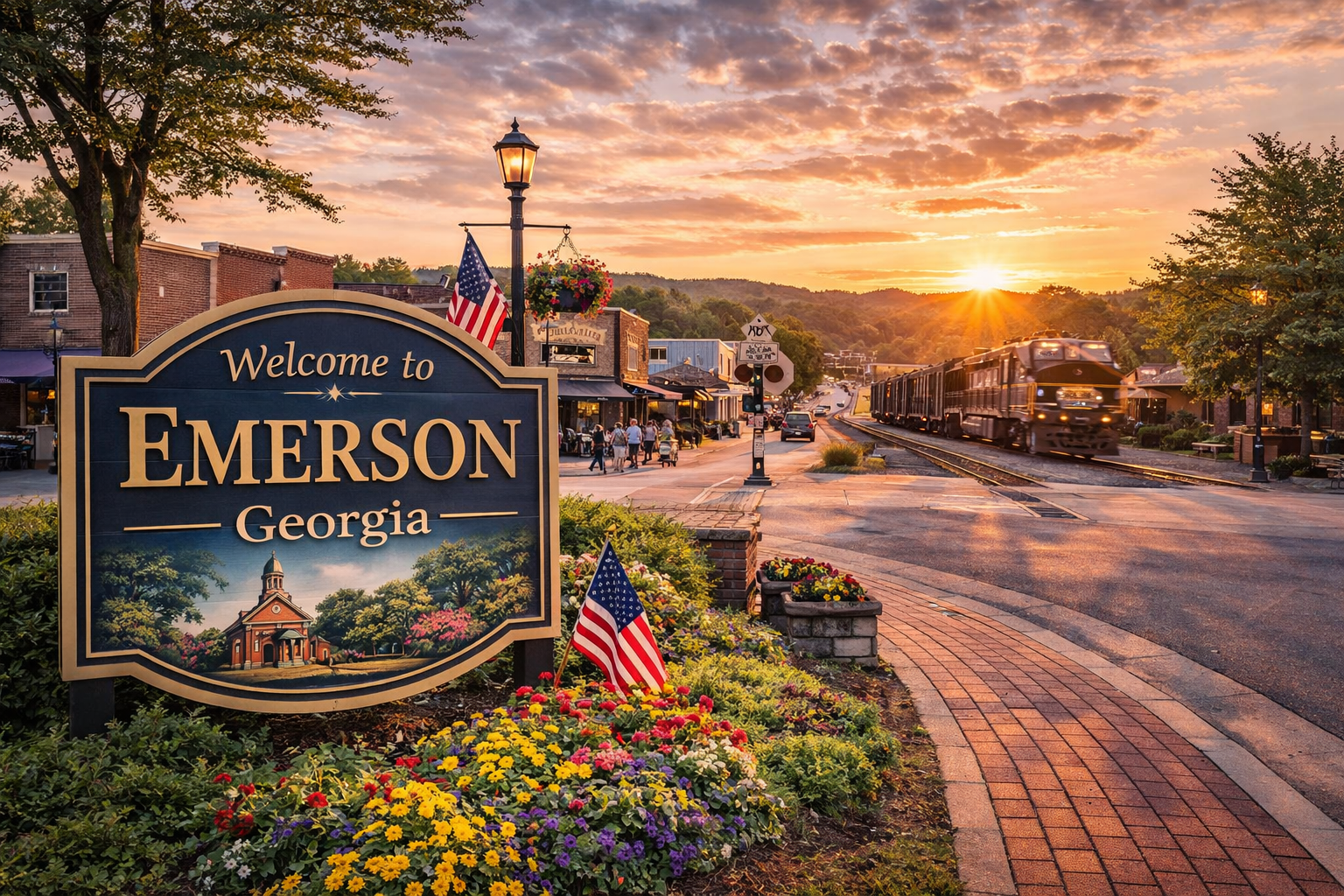 Downtown Emerson Georgia with small-town streets, train tracks, and local shops at sunset