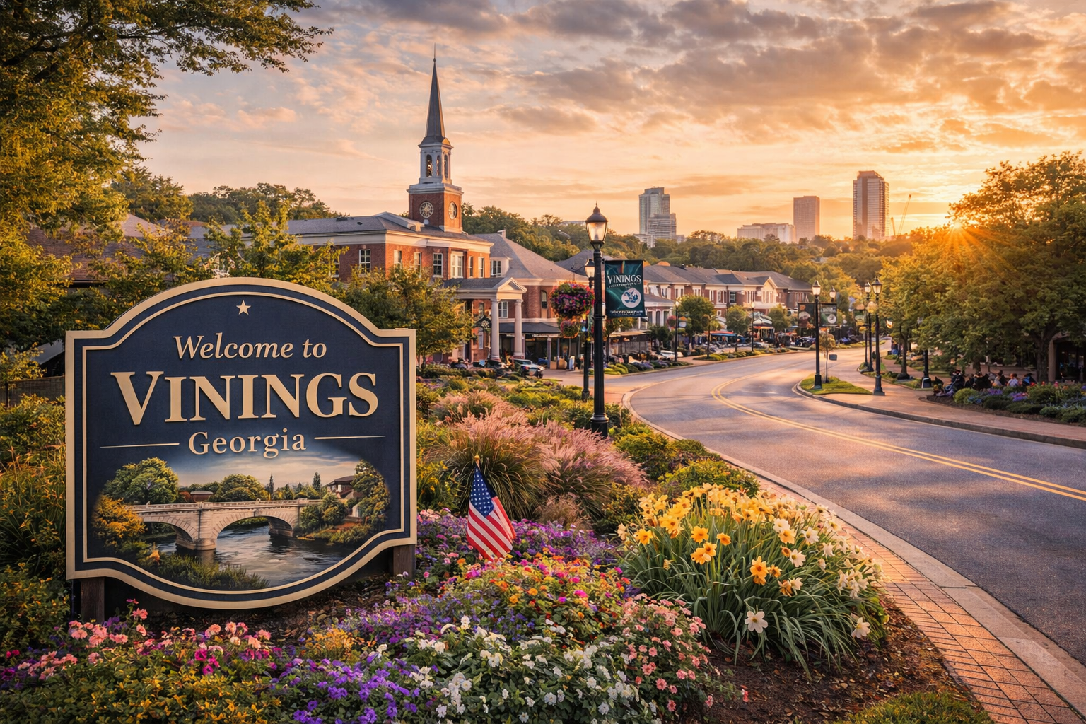 viningsCharming Vinings Georgia village with historic buildings, tree-lined streets, and skyline views at sunset
