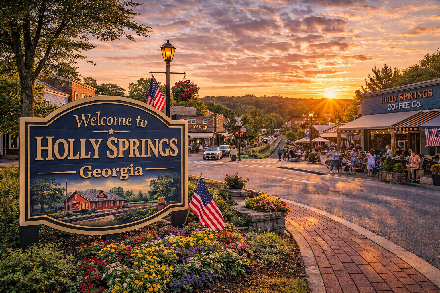 Downtown Holly Springs Georgia with local shops, walkable streets, and community gathering spots at sunset
