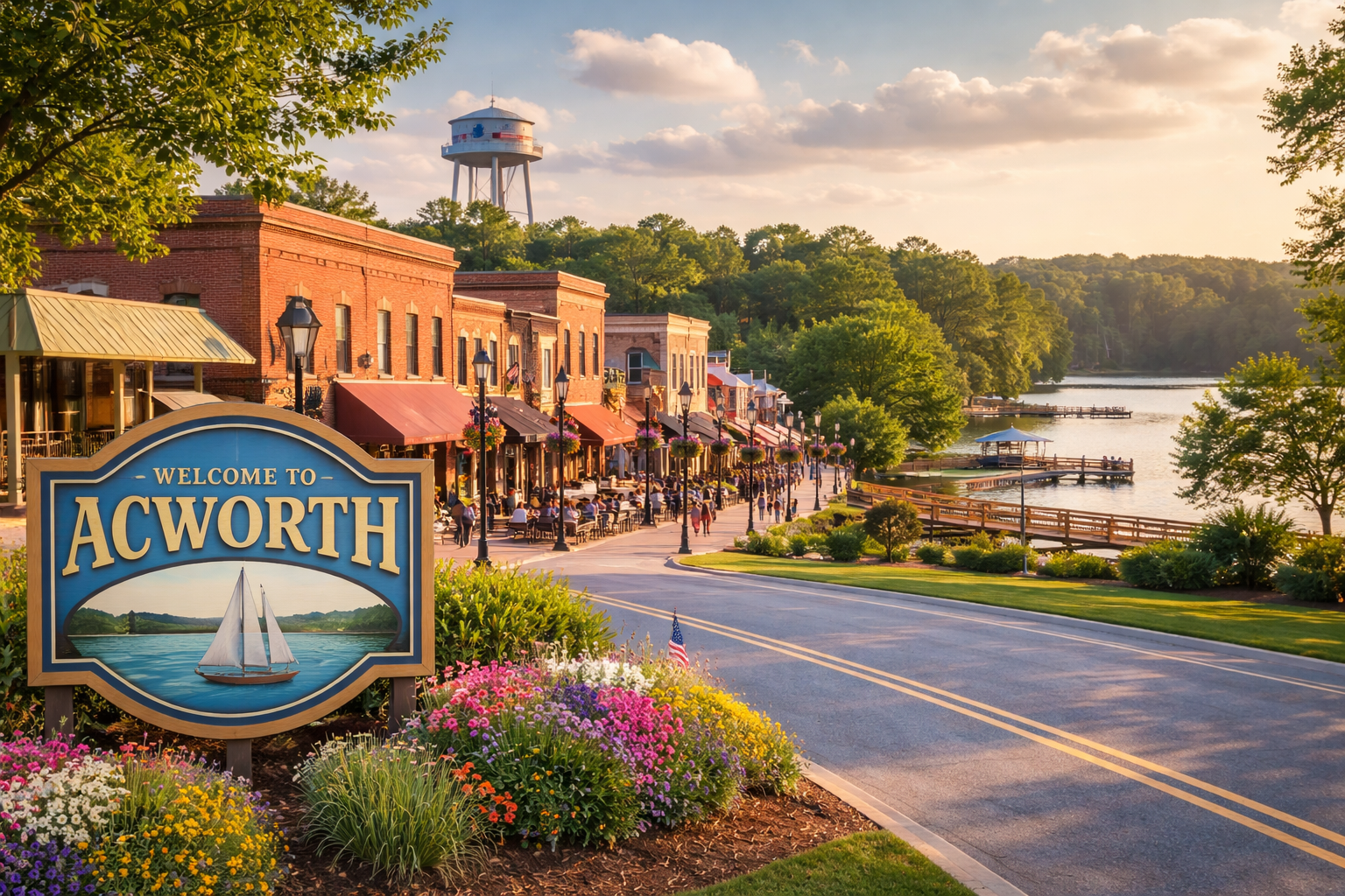 Historic downtown Acworth Georgia with lake views, local shops, and scenic waterfront near Lake Acworth at sunset