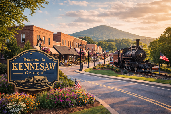 Downtown Kennesaw Georgia with historic train display, charming storefronts, and Kennesaw Mountain in the background at sunset