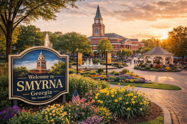 Downtown Smyrna Georgia featuring the Village Green, fountain, gazebo, and vibrant park setting at sunset