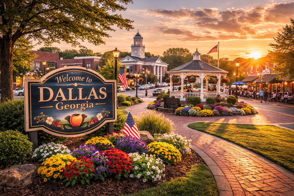 Downtown Dallas Georgia town square with historic courthouse, fountain, and walkable streets at sunset