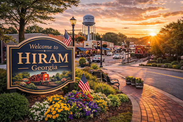 Downtown Hiram Georgia with small-town main street, local shops, and water tower at sunset
