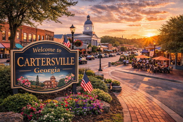 Downtown Cartersville Georgia with historic courthouse, local shops, and walkable main street at sunset