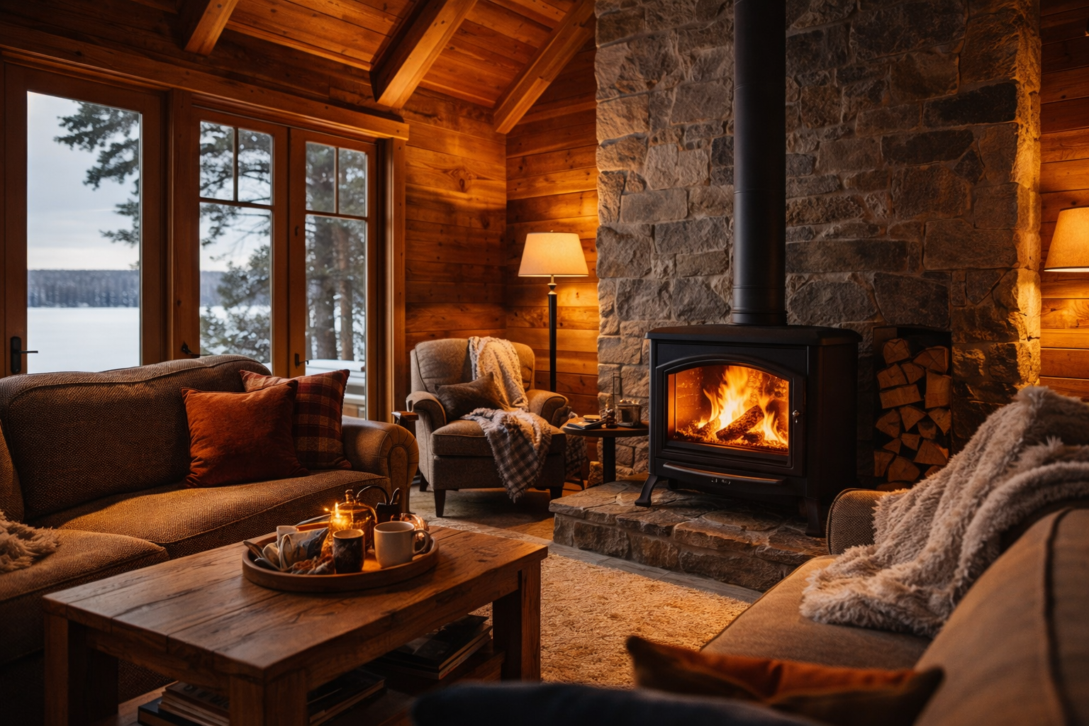 Luxury Muskoka cottage living room with wood stove fireplace