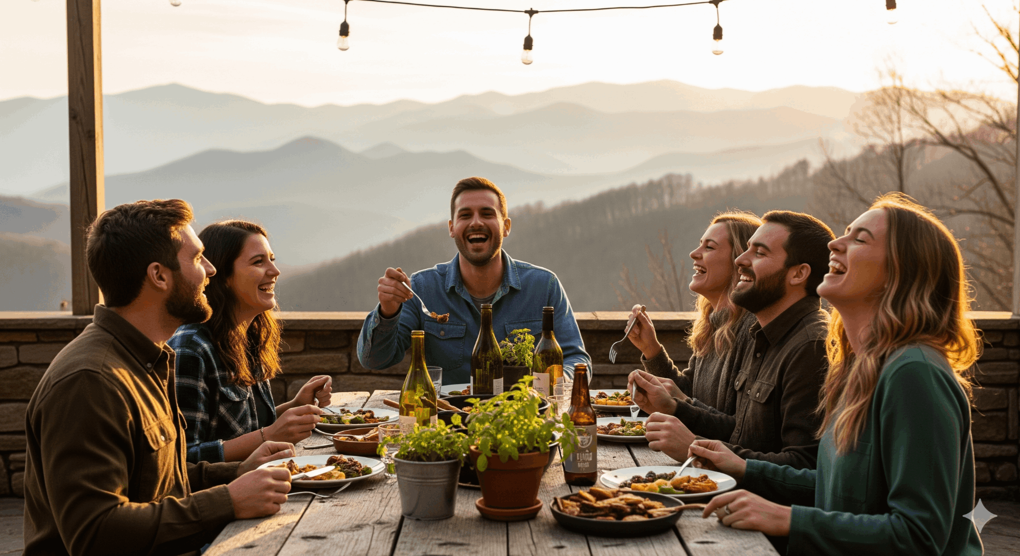 Friends enjoying an outdoor dinner with mountain views in East Tennessee, illustrating the 2026 real estate trend of prioritizing lifestyle experiences.