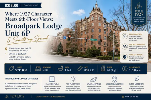 feature image of  Broadpark Lodge Unit 6P | Dutch Tudor Co-op with Panoramic Park Views in White Plains, NY | $395,000