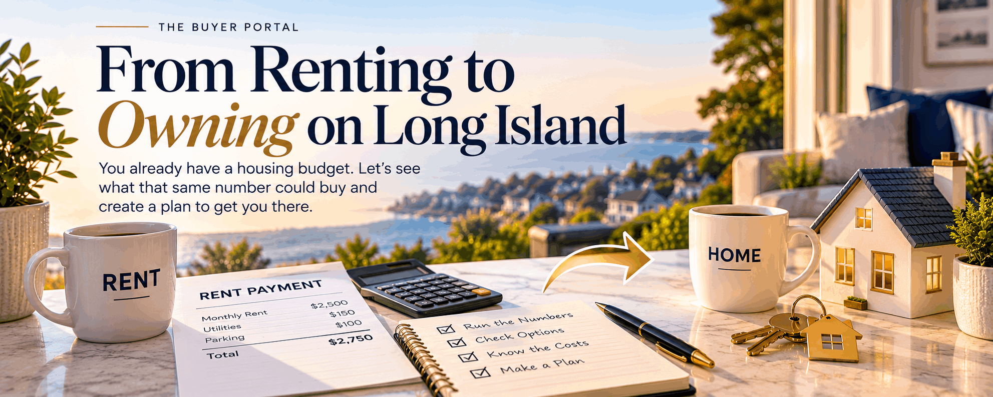 A renter at a kitchen table running the numbers on buying a home on Long Island
