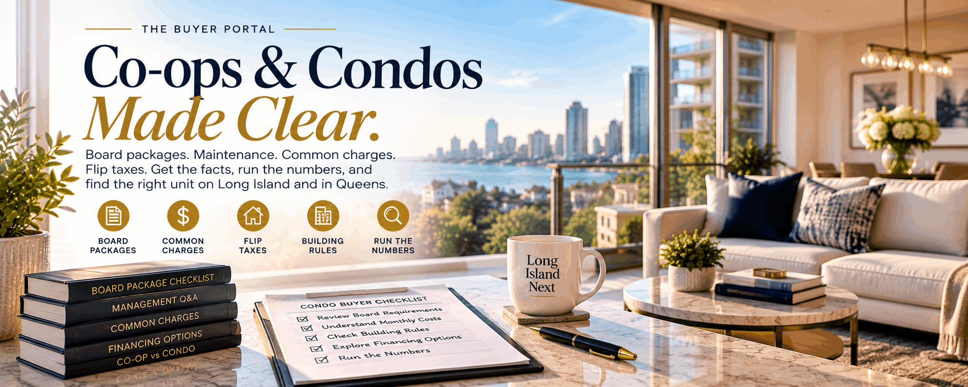 Co-ops and condos made clear: board packages, common charges, flip taxes, building rules and running the numbers for Long Island and Queens buyers