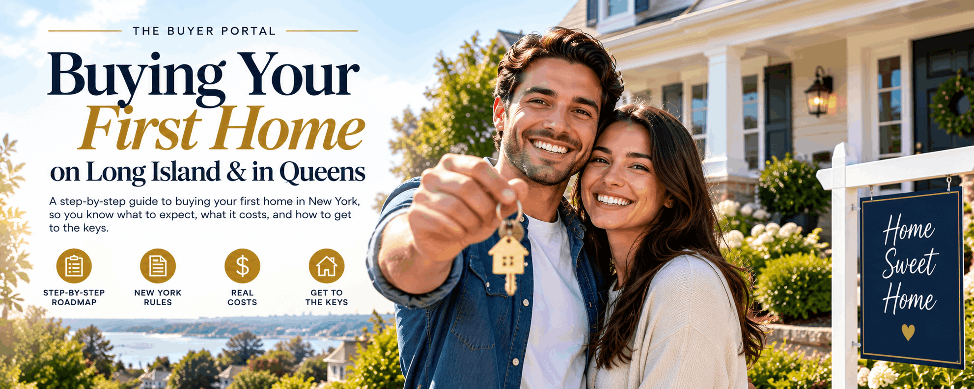 First-time buyers holding the keys outside their new Long Island home