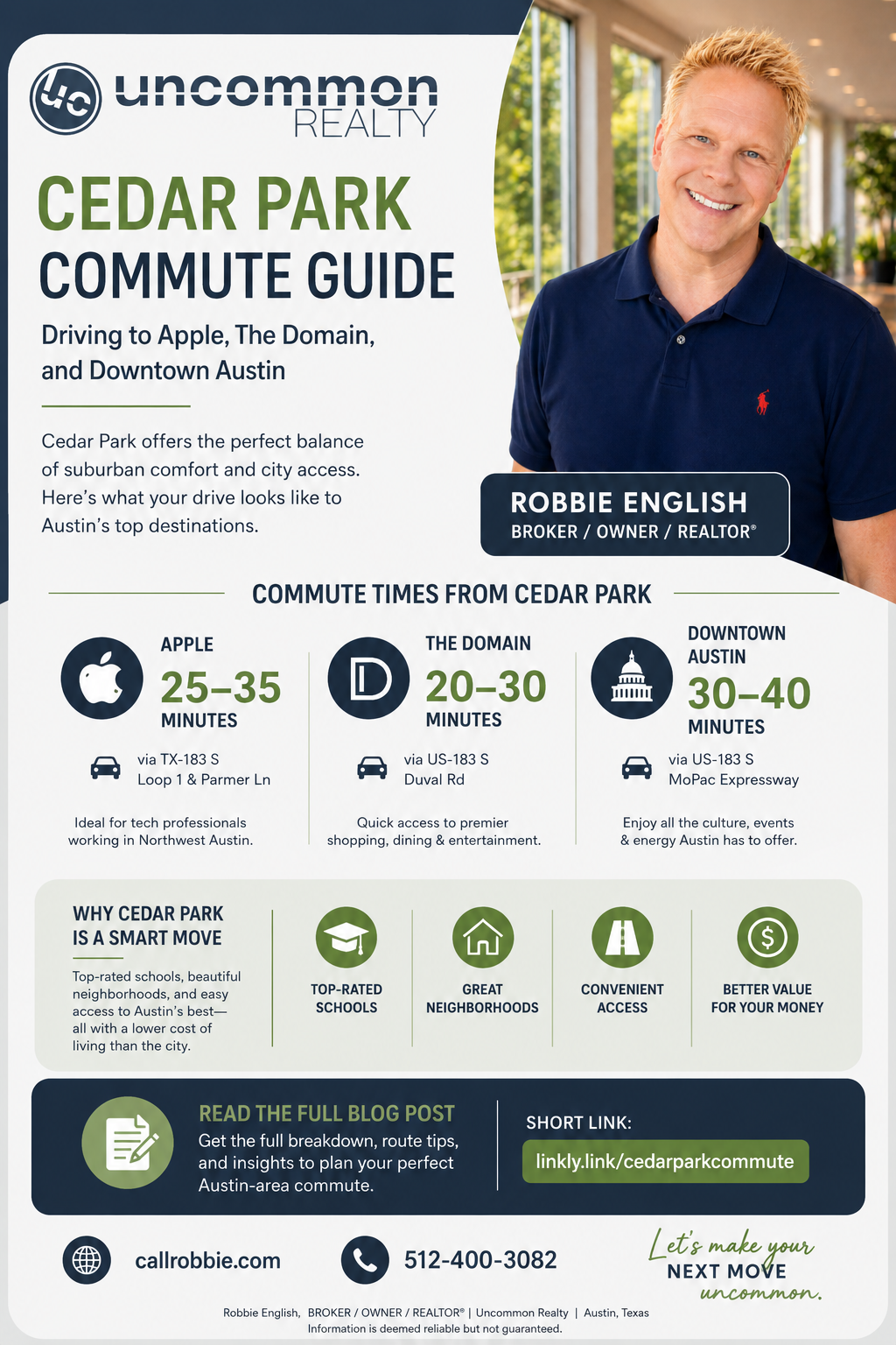 infographic Cedar Park Commute Guide Driving to Apple, Dell, The Domain and Downtown Austin