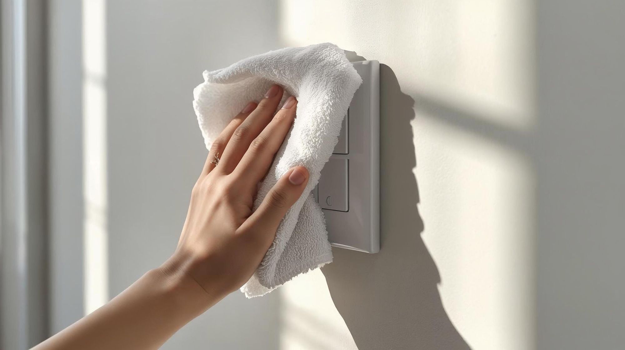 Close-up of a hand wiping a light switch plate with a microfiber cloth to clean high-touch points