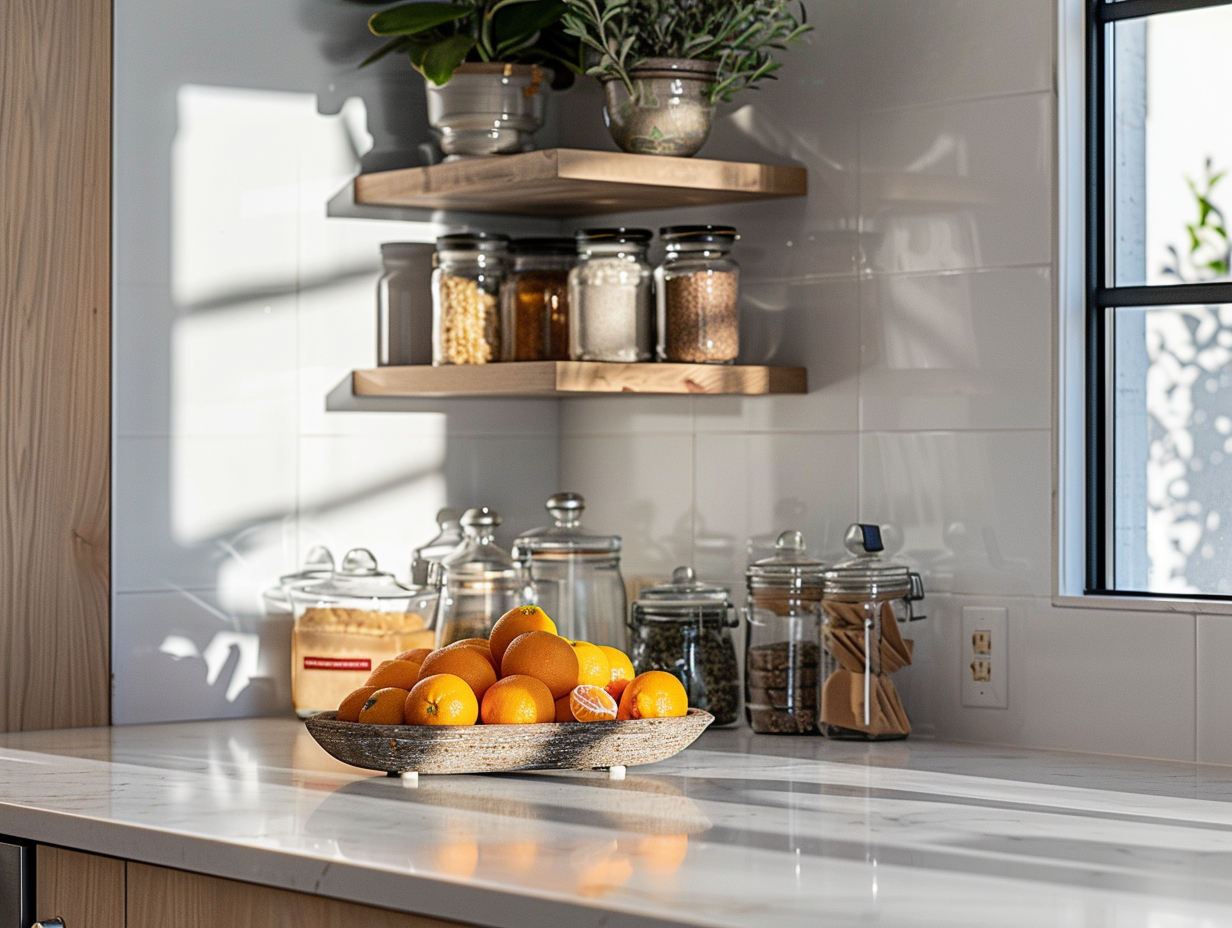 Clean kitchen counters with neatly organized pantry jars and fresh citrus for Lunar New Year cleaning
