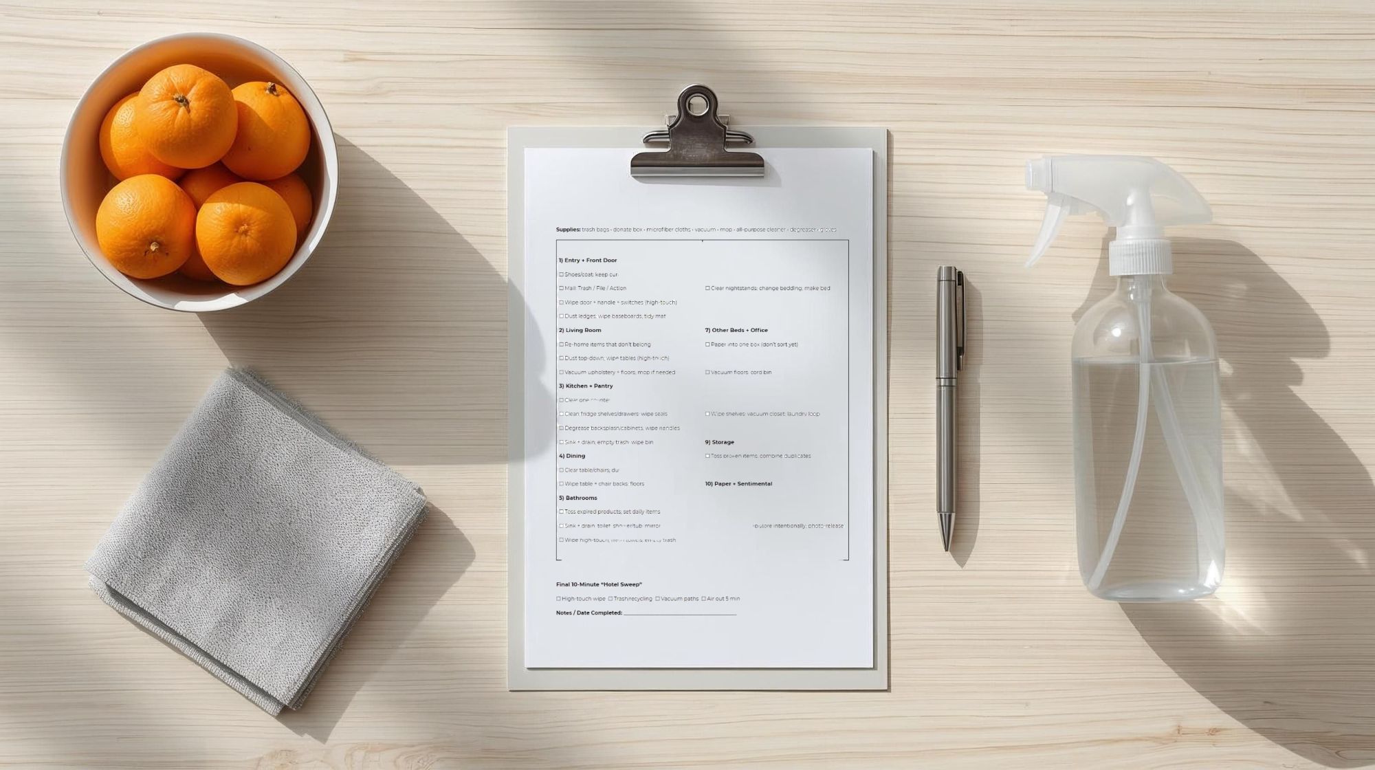 Printable cleaning checklist on a clipboard with pen, microfiber cloth, and simple cleaning supplies arranged neatly