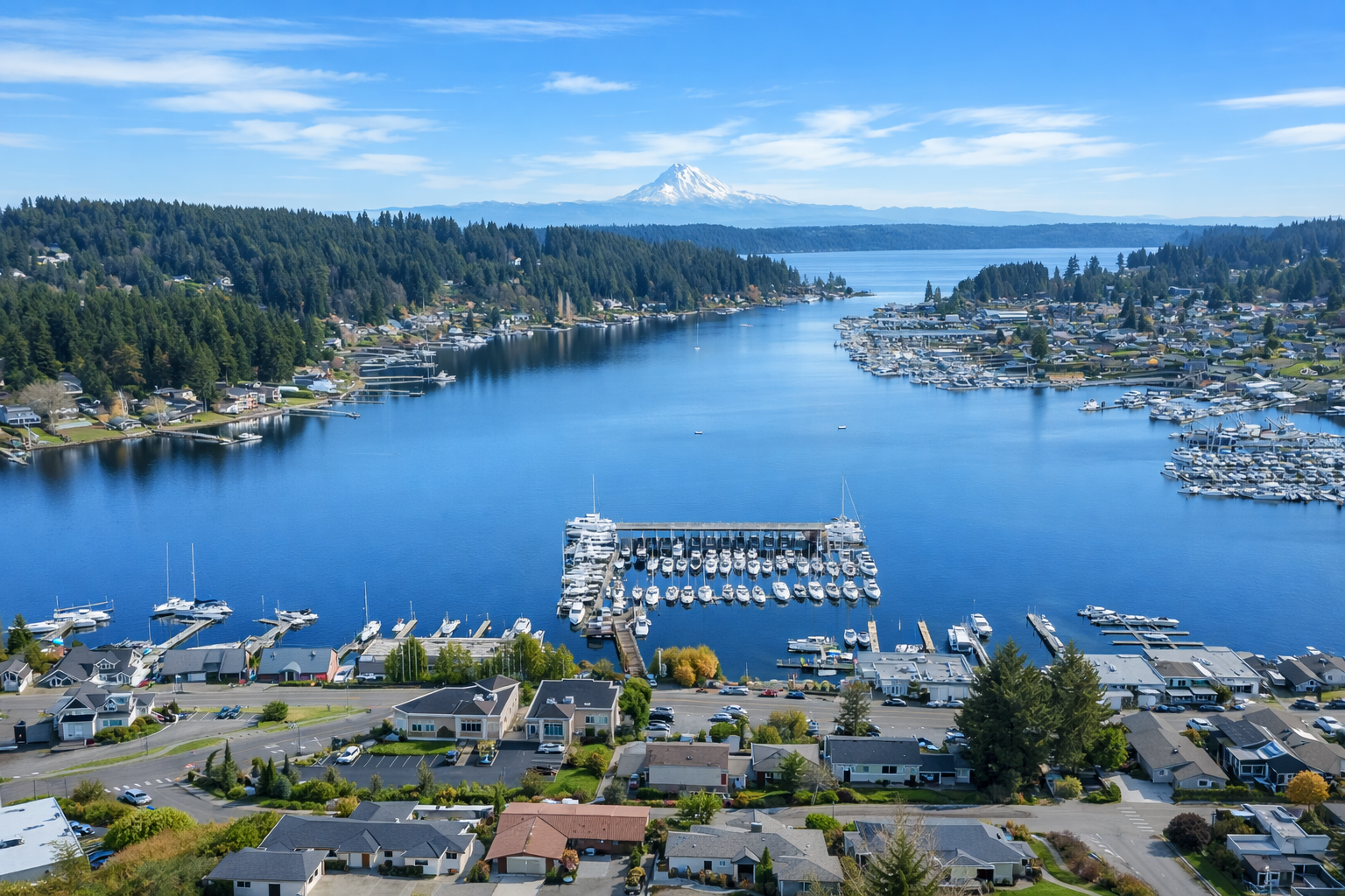 Gig Harbor waterfront with Mount Rainier