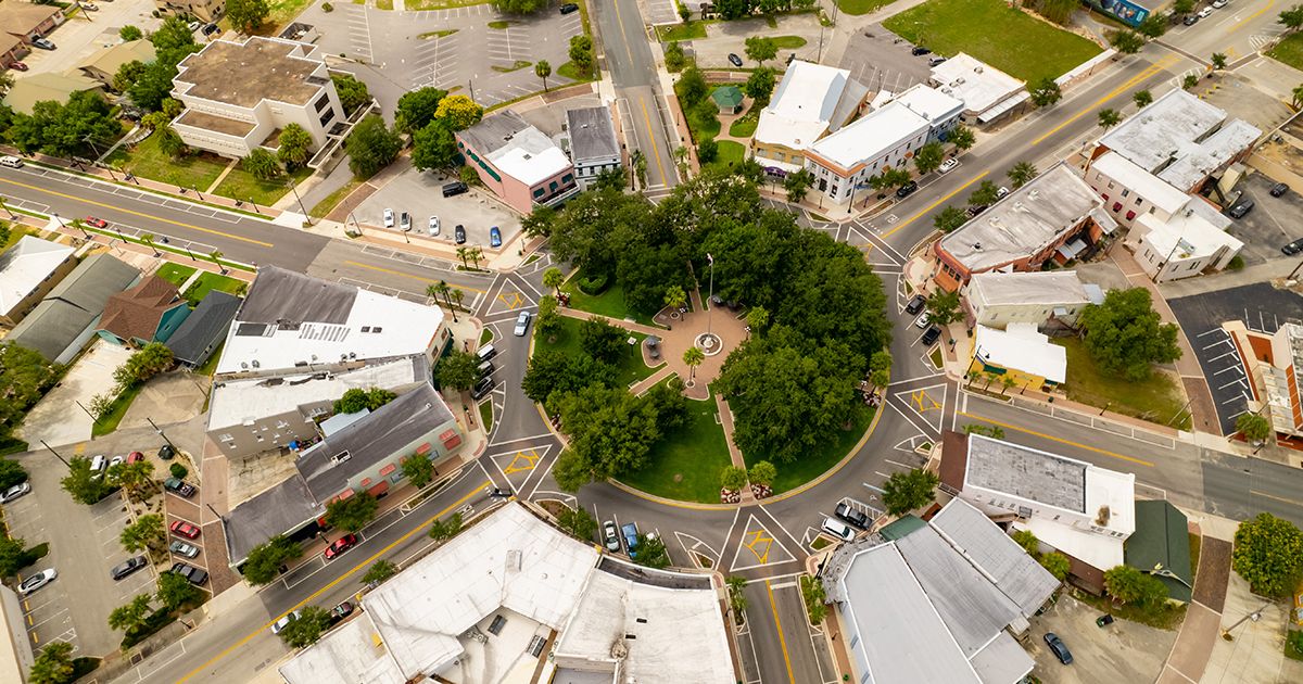 Aerial view of the downtown Sebring Florida circle and historic district in Highlands County