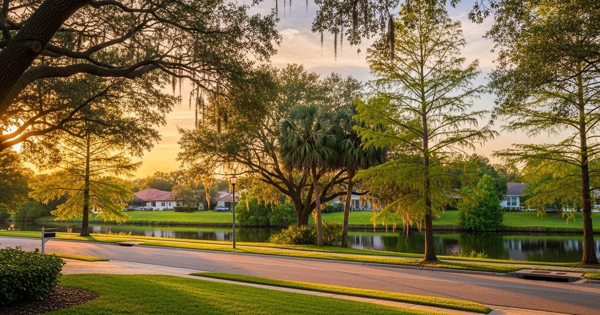 Tree-lined street along a pond with homes at sunset in Temple Terrace Florida Hillsborough County