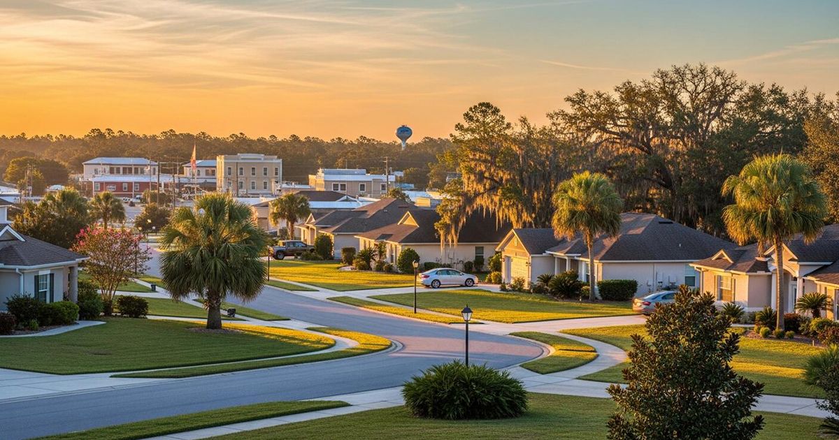 Residential neighborhood with palm trees and water tower at sunset in Bowling Green Florida Hardee County