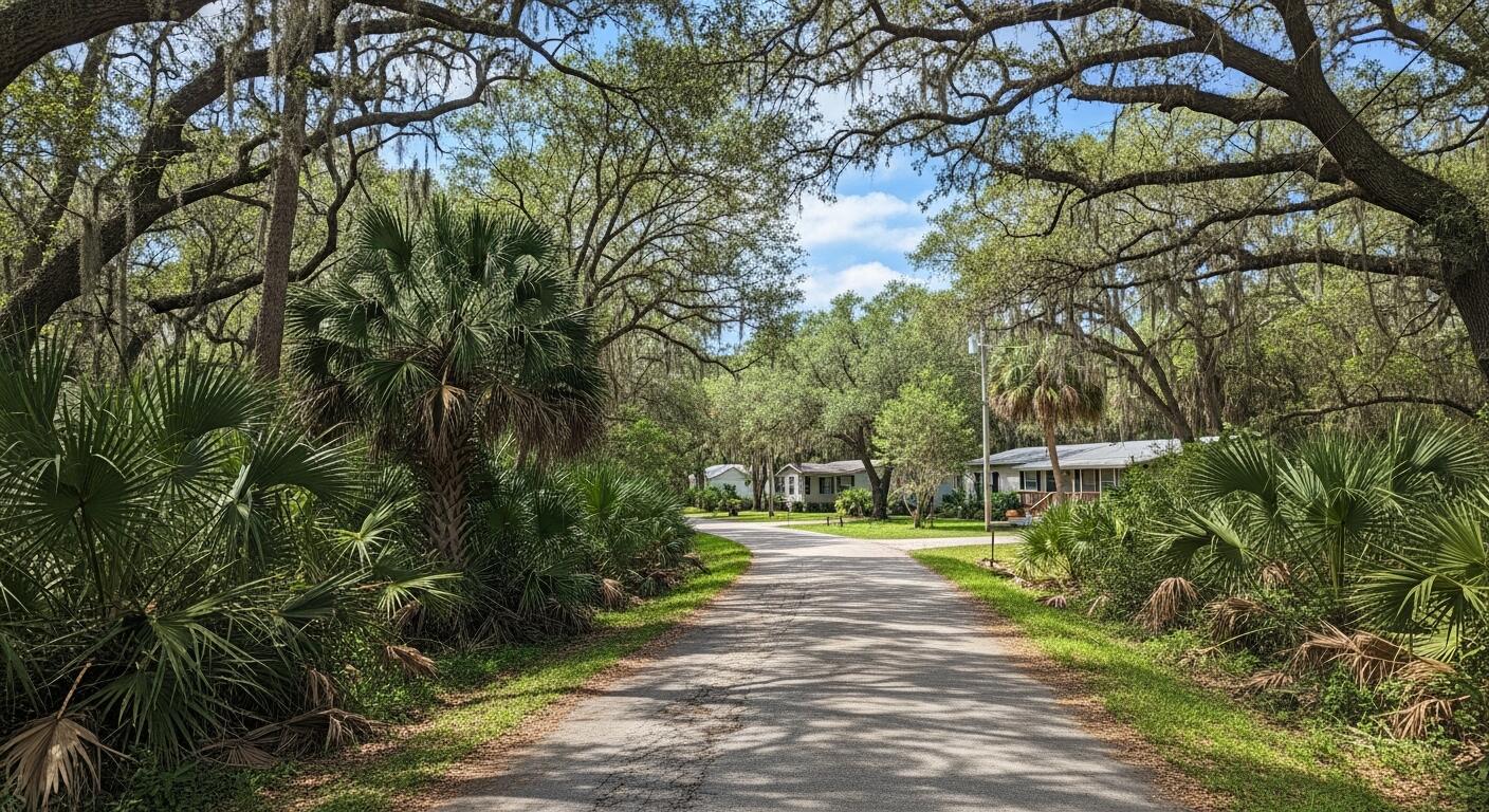 Homes for sale in Lorida FL lined along a shaded country road with sprawling live oak trees and native palms in Highlands County