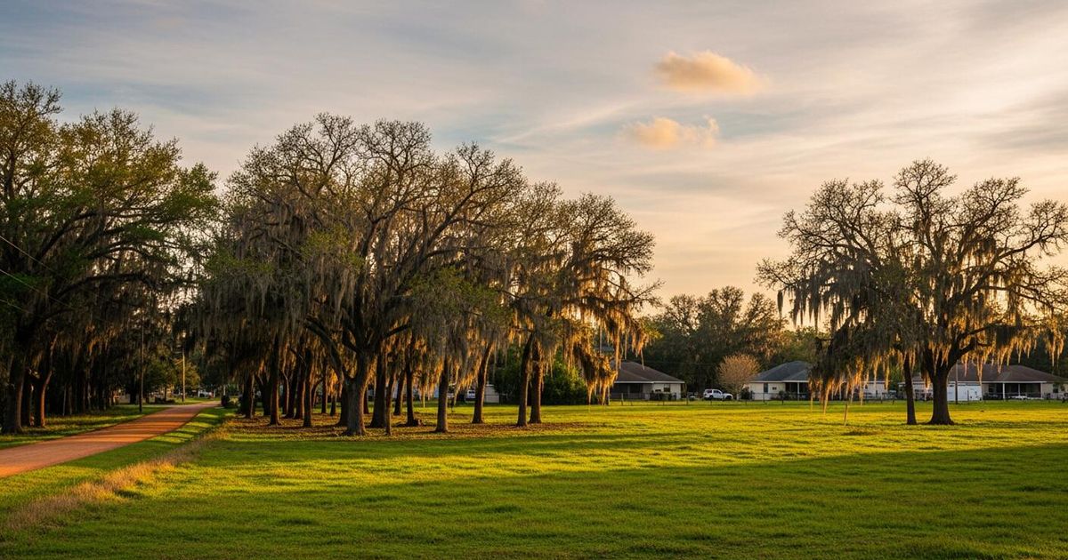 Spanish moss oak trees and rural homes along a country path at sunset in Citra Florida Marion County